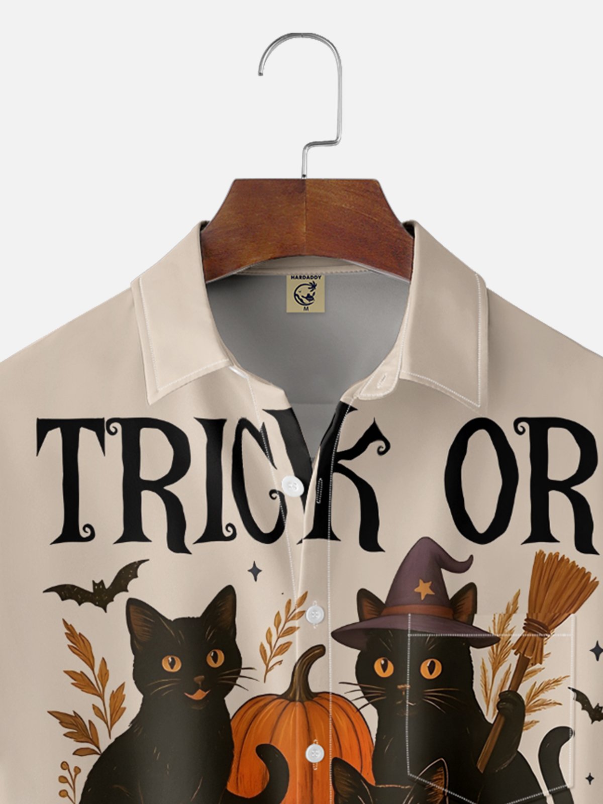 Moisture-Wicking Halloween Black Cat Pumpkin Chest Pocket Hawaiian Shirt