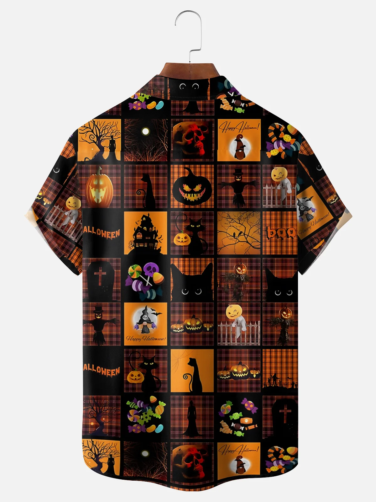 Moisture-Wicking Halloween Gradient Pumpkin And Black Cat Checkered Chest Pocket Hawaiian Shirt