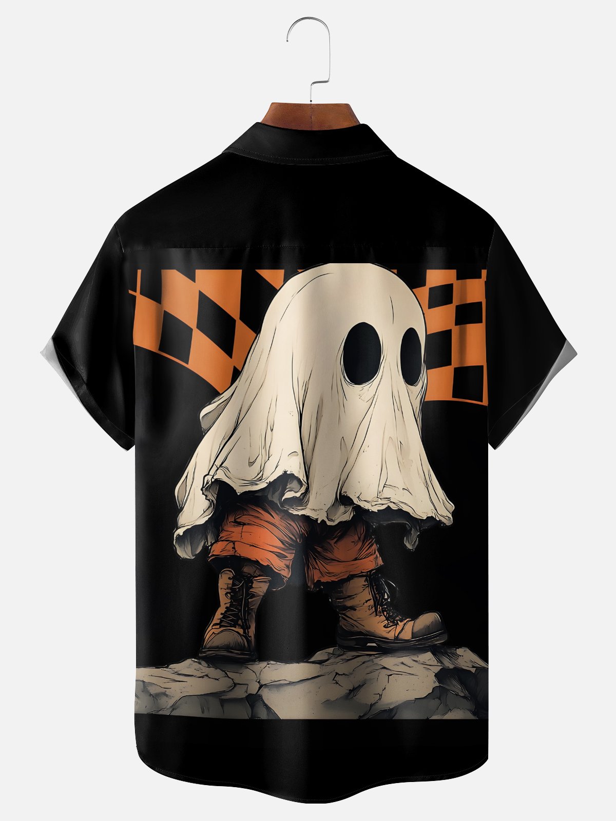 Moisture-Wicking Halloween Ghost Geometric Chest Pocket Hawaiian Shirt