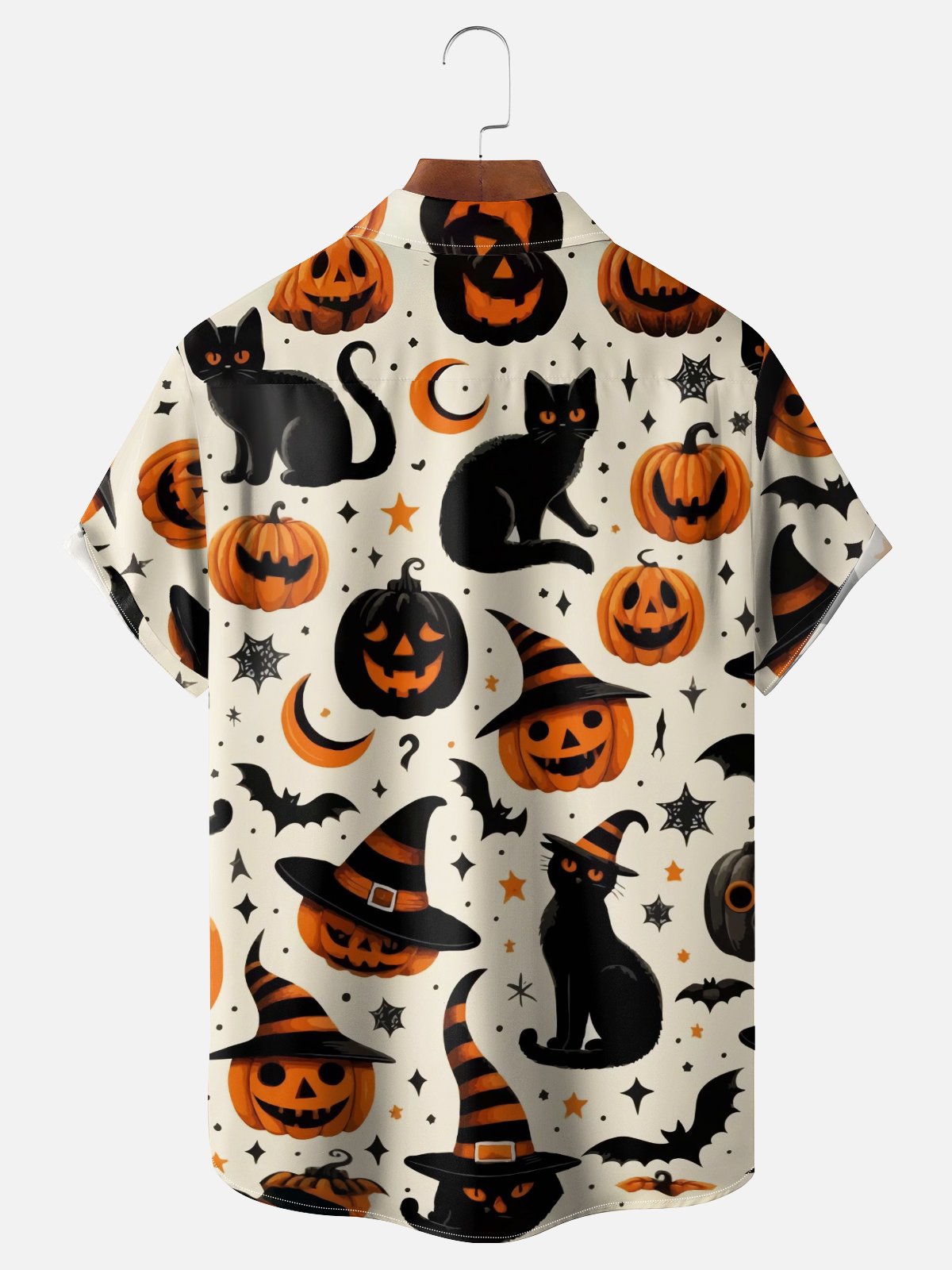 Moisture-wicking Halloween Black Cat Pumpkin Chest Pocket Casual Shirt
