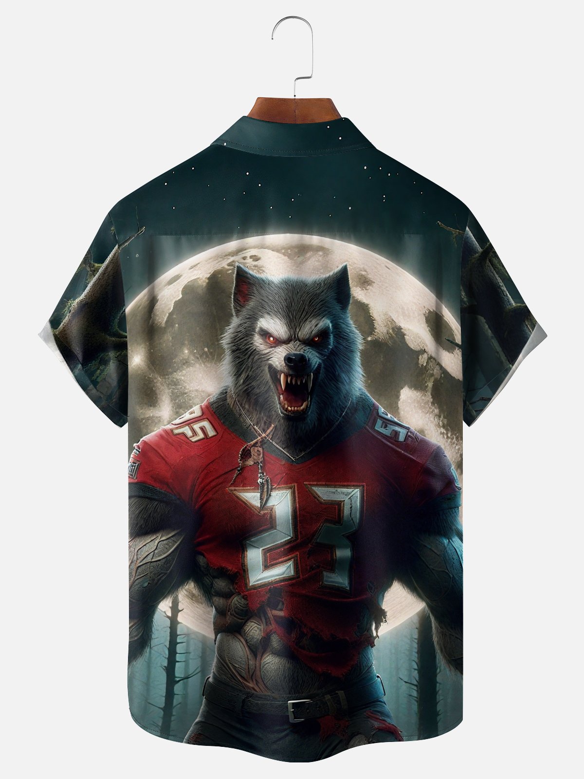 Moisture-Wicking Football Wolf Halloween Chest Pocket Hawaiian Shirt