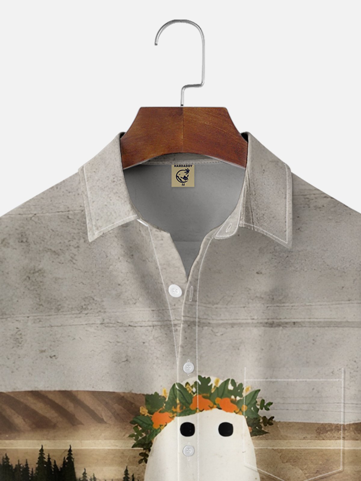 Moisture Wicking Halloween Ghost Pumpkin Abstract Art Chest Pocket Hawaiian Shirt