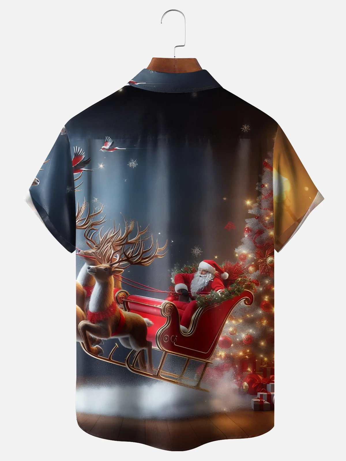 Moisture-Wicking Santa Claus Sleigh Christmas Tree Chest Pocket Hawaiian Shirt