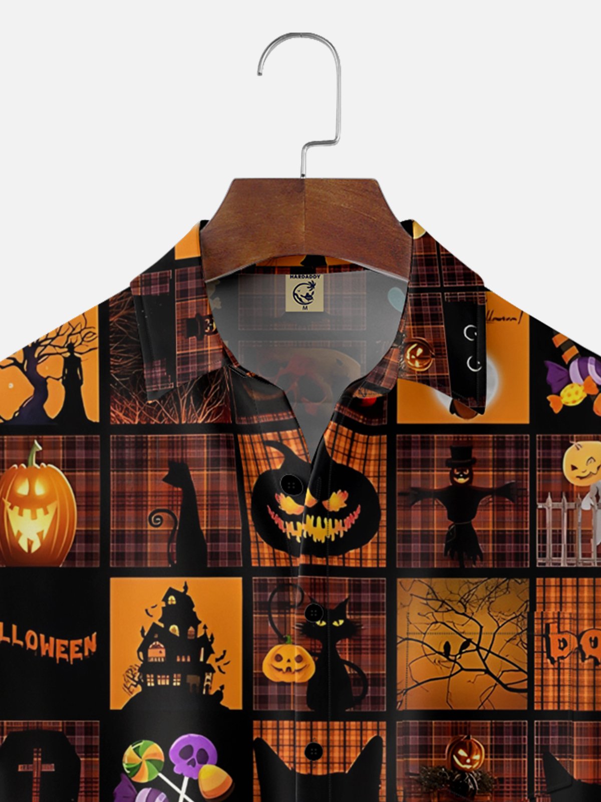 Moisture-Wicking Halloween Gradient Pumpkin And Black Cat Checkered Chest Pocket Hawaiian Shirt