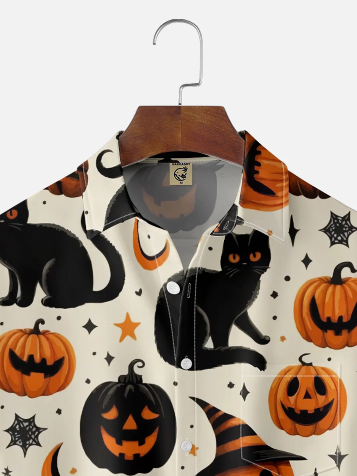 Moisture-wicking Halloween Black Cat Pumpkin Chest Pocket Casual Shirt