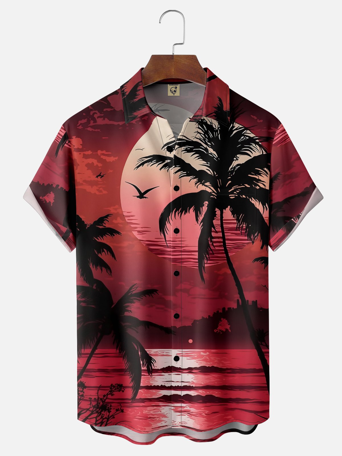 Moisture-wicking Coconut Trees Beach Seagulls Chest Pocket Hawaiian Shirt