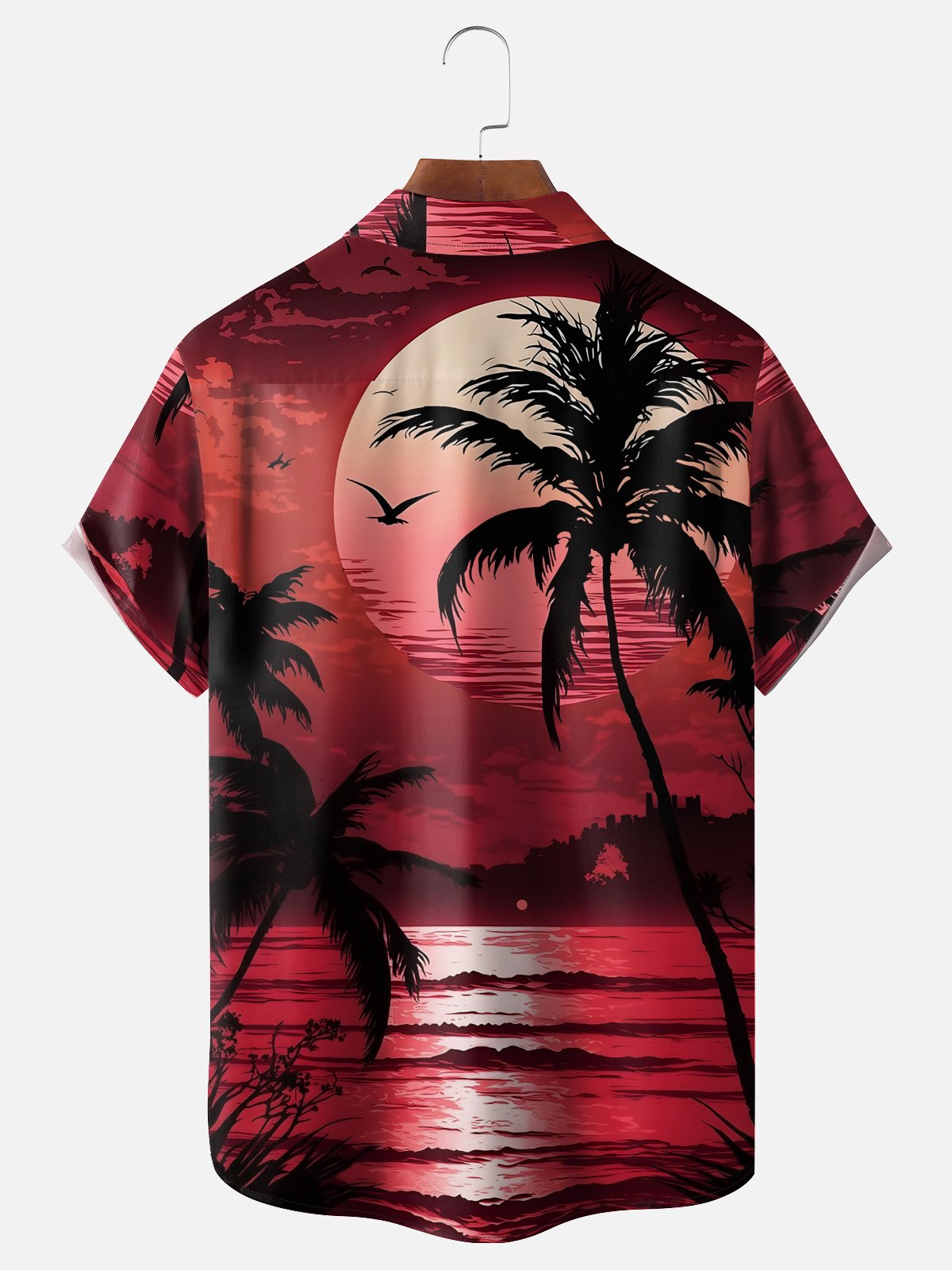Moisture-wicking Coconut Trees Beach Seagulls Chest Pocket Hawaiian Shirt