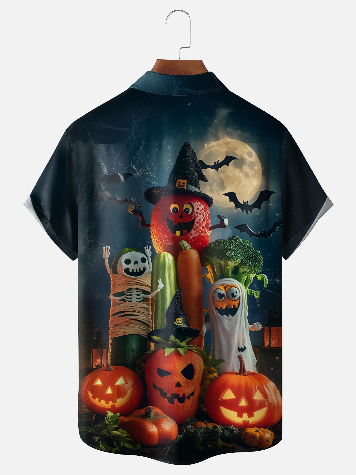 Moisture-Wicking Halloween Pumpkin Vegetable Monster Chest Pocket Hawaiian Shirt