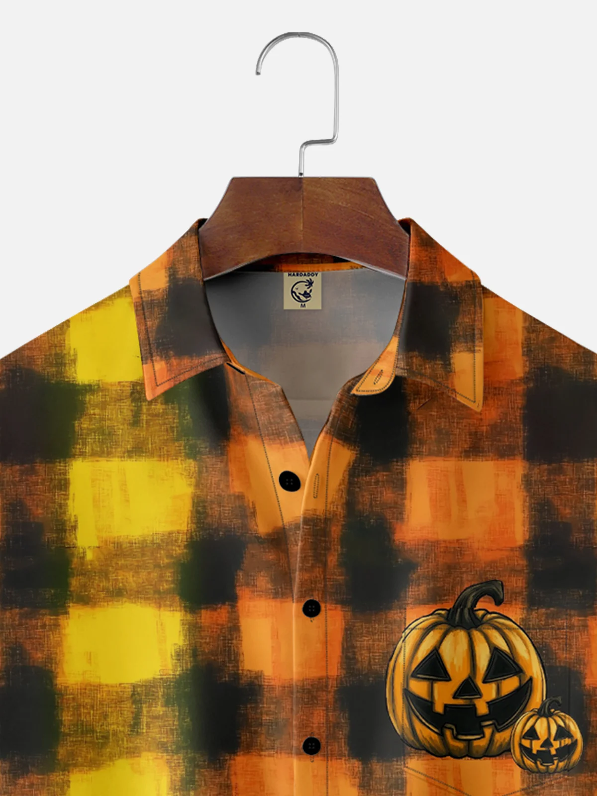 Moisture-Wicking Halloween Striped Check Pumpkin Chest Pocket Hawaiian Shirt