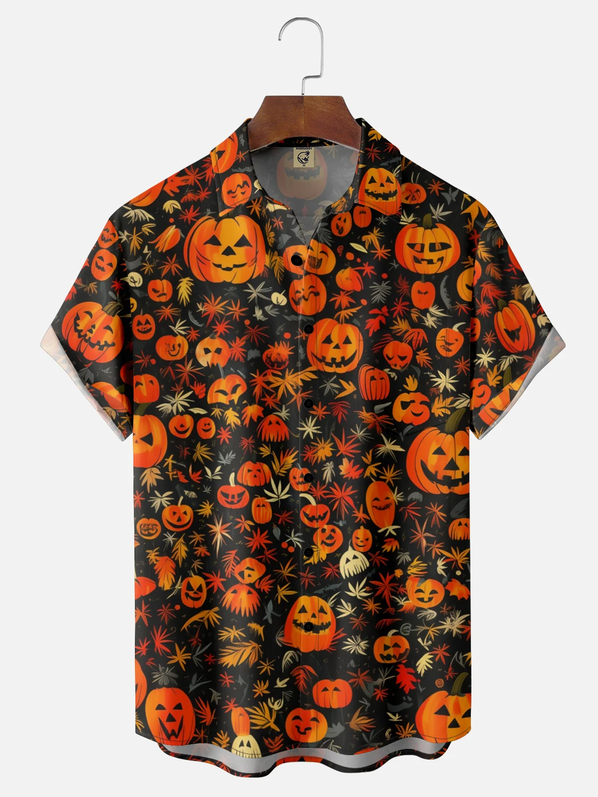 Moisture-Wicking Halloween Pumpkin Floral Chest Pocket Hawaiian Shirt