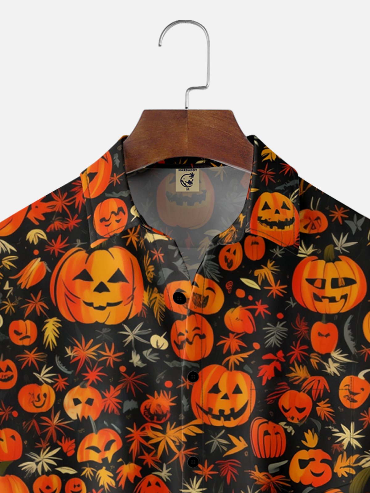 Moisture-Wicking Halloween Pumpkin Floral Chest Pocket Hawaiian Shirt