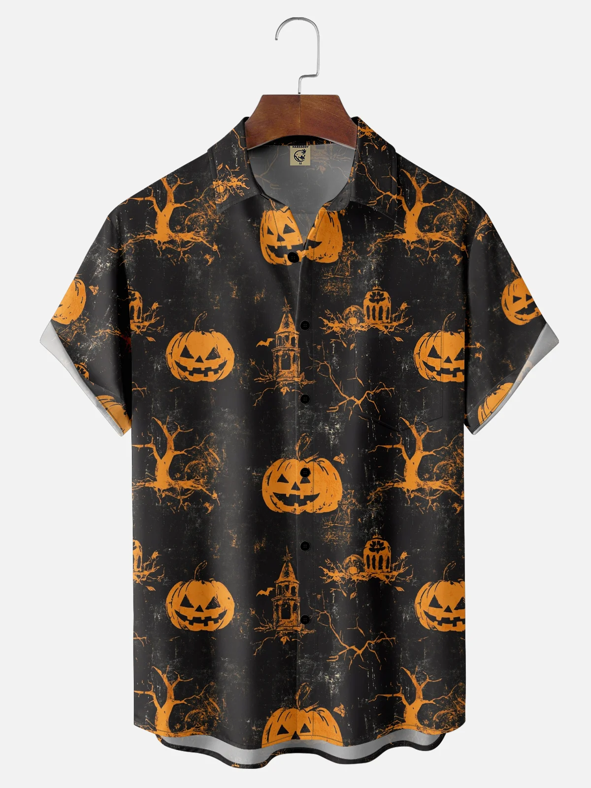 Moisture-Wicking Halloween Pumpkin Chest Pocket Hawaiian Shirt