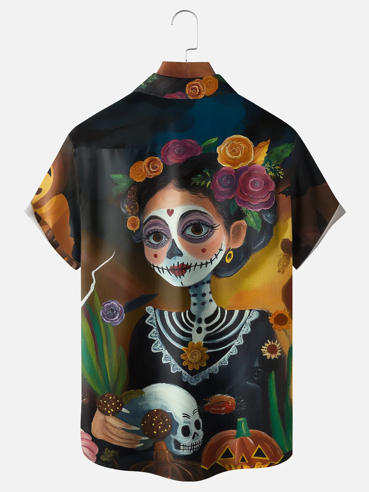 Moisture-Wicking Day of the Dead Pumpkin Skull Girl Chest Pocket Hawaiian Shirt