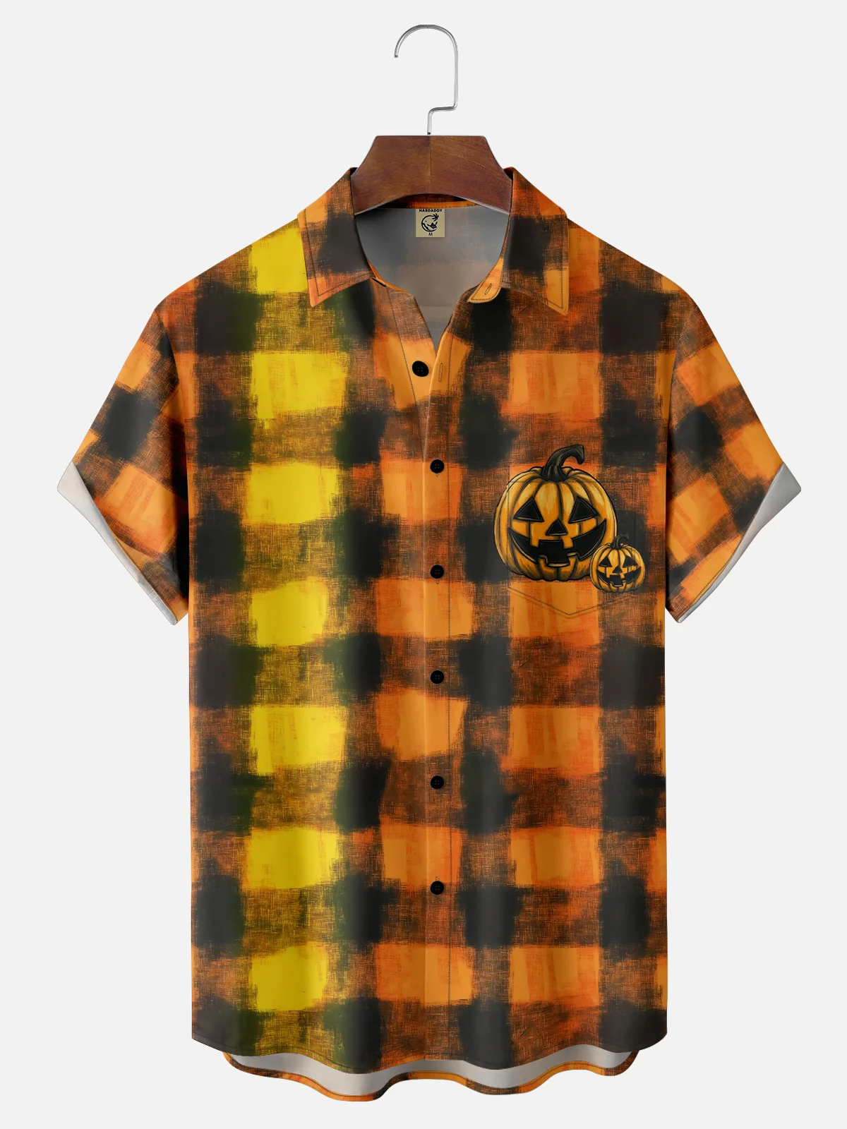 Moisture-Wicking Halloween Striped Check Pumpkin Chest Pocket Hawaiian Shirt
