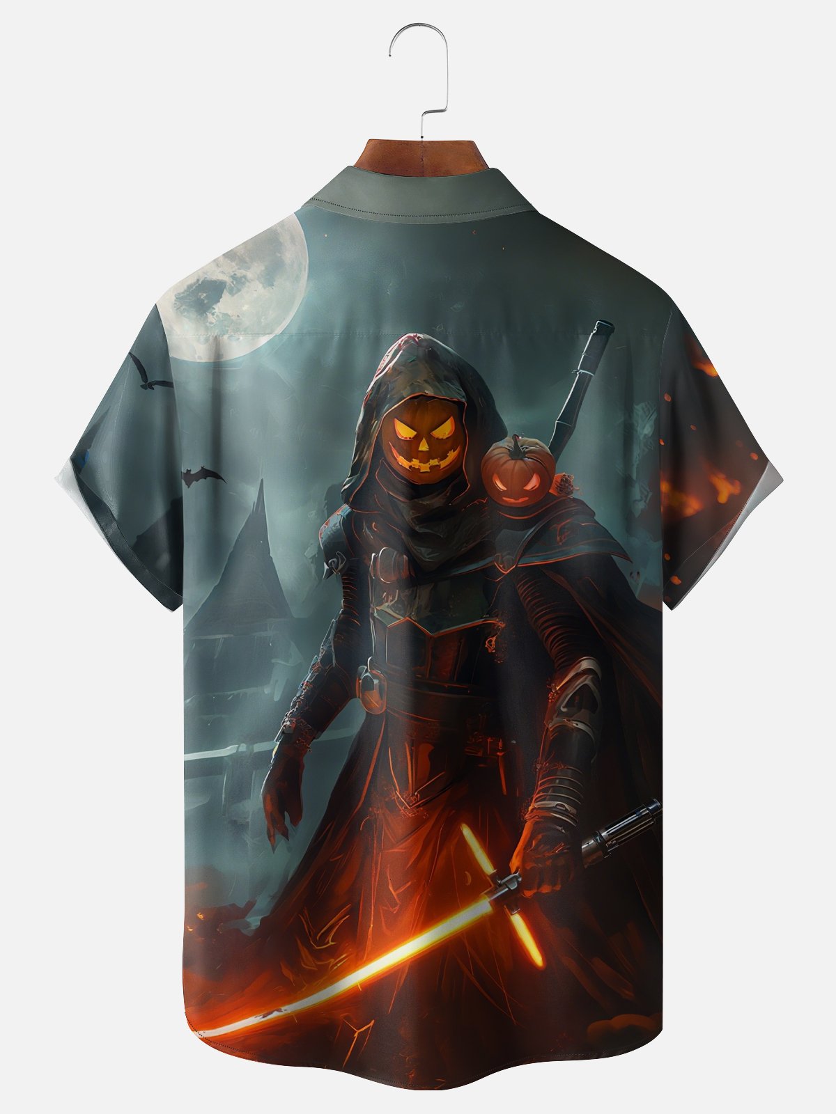 Moisture-Wicking Halloween Pumpkin Star Warrior Chest Pocket Hawaiian Shirt
