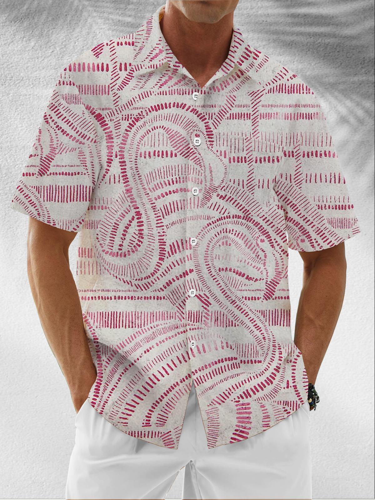Moisture-Wicking Striped Flamingo Chest Pocket Hawaiian Shirt