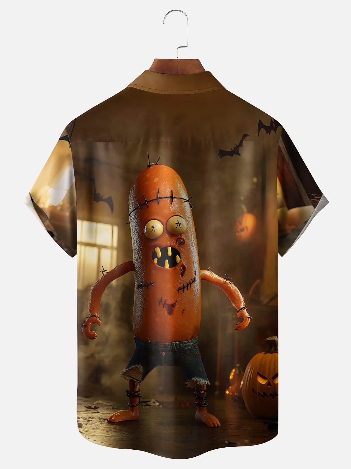 Moisture-Wicking Halloween Pumpkin Sausage Monster Chest Pocket Hawaiian Shirt