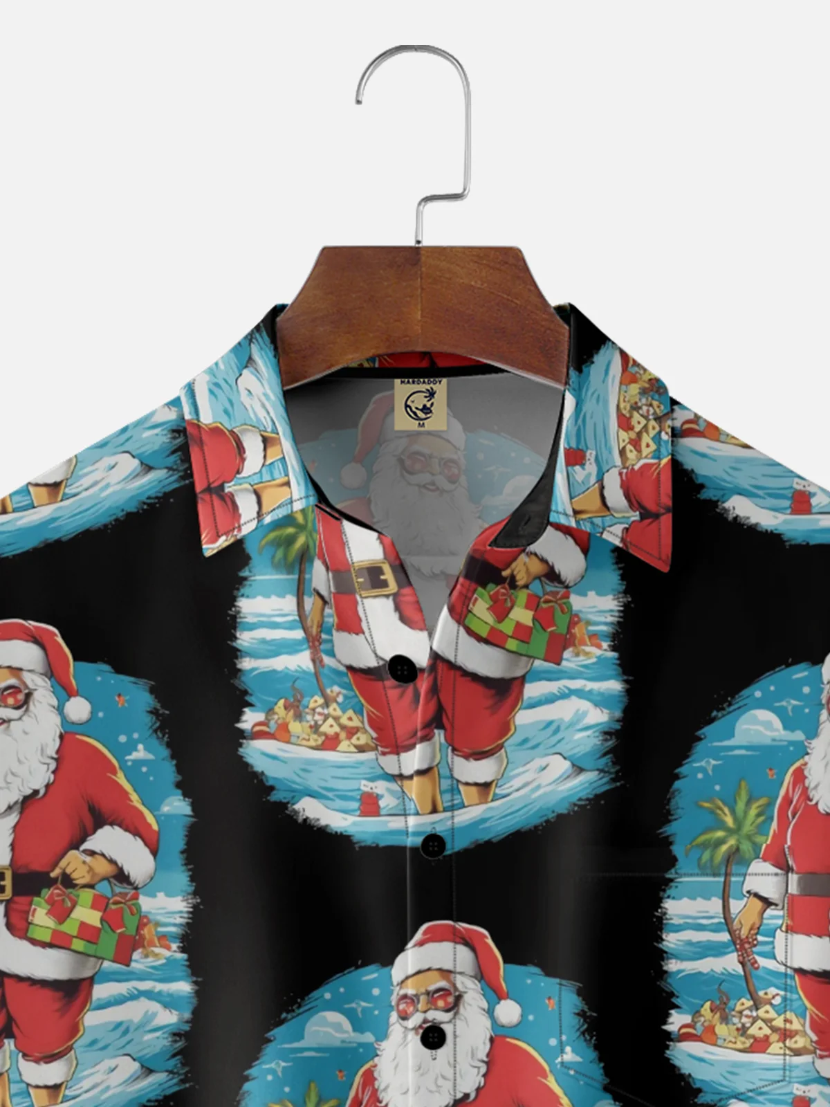 Moisture-Wicking Santa Claus Coconut Tree Beach Chest Pocket Hawaiian Shirt