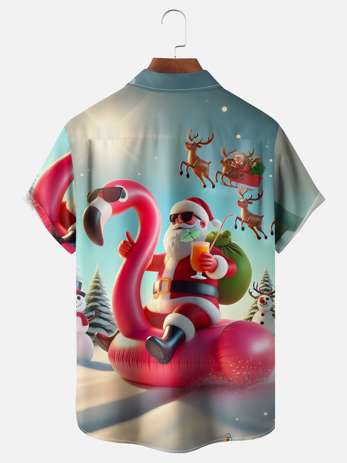 Moisture-wicking Christmas Santa Claus Flamingo Chest Pocket Casual Shirt