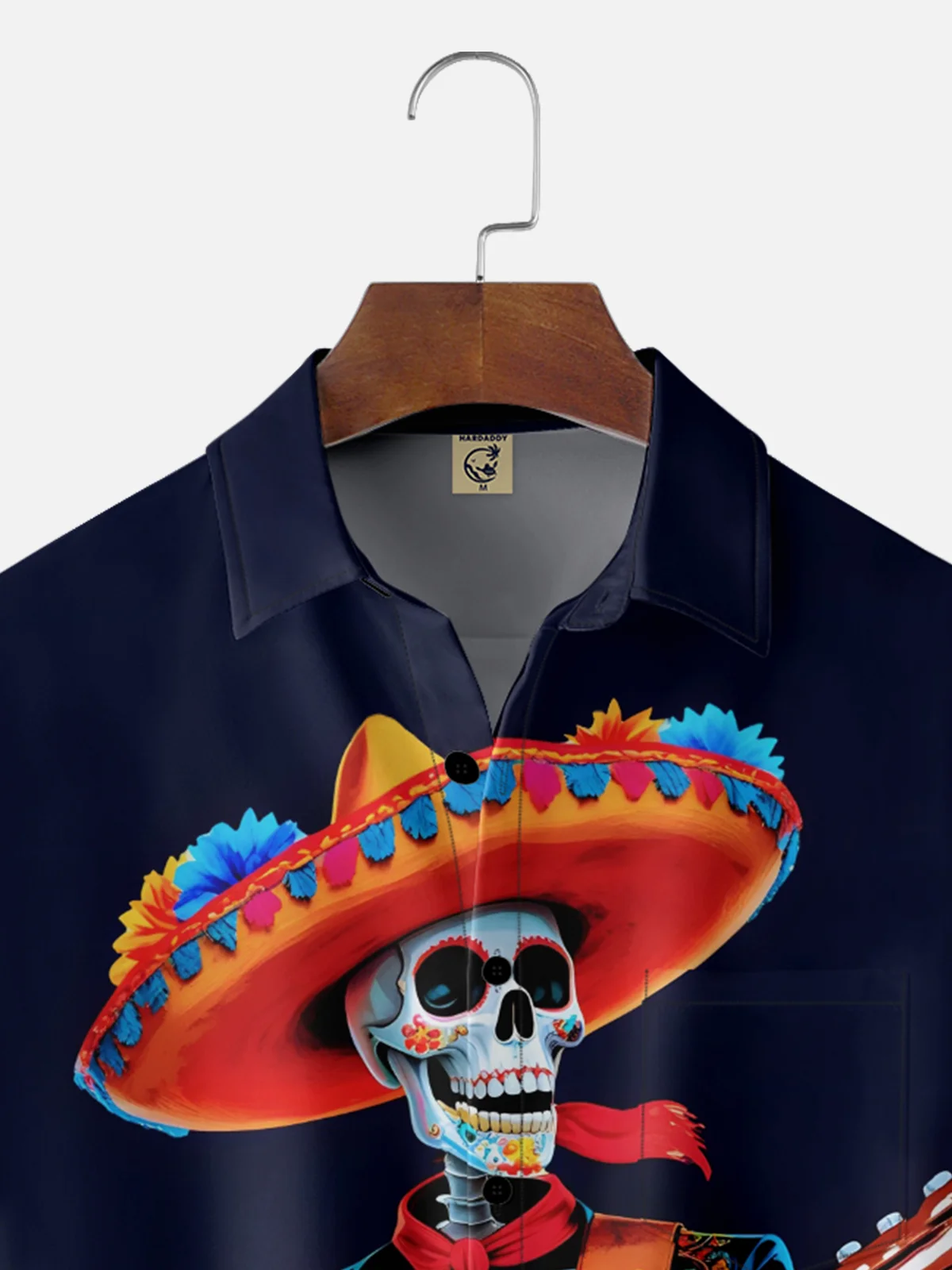 Moisture-wicking Day of the Dead Music Skull Guitar Chest Pocket Casual Shirt