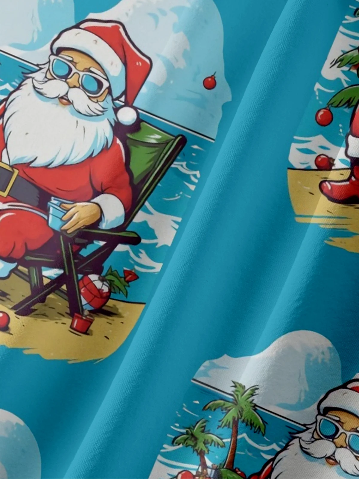 Moisture-Wicking Christmas Santa Claus Christmas Tree Beach Vacation Chest Pocket Hawaiian Shirt