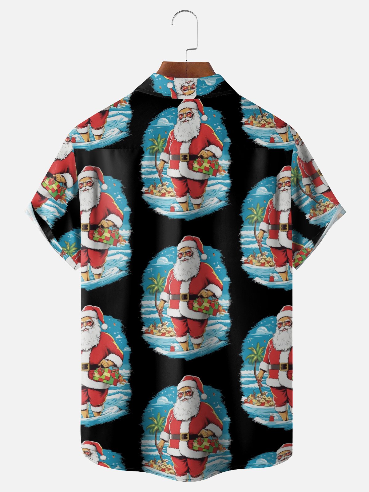 Moisture-Wicking Santa Claus Coconut Tree Beach Chest Pocket Hawaiian Shirt