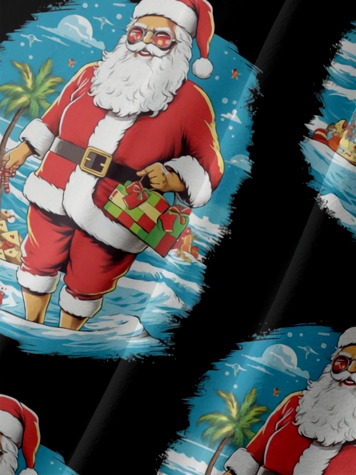 Moisture-Wicking Santa Claus Coconut Tree Beach Chest Pocket Hawaiian Shirt
