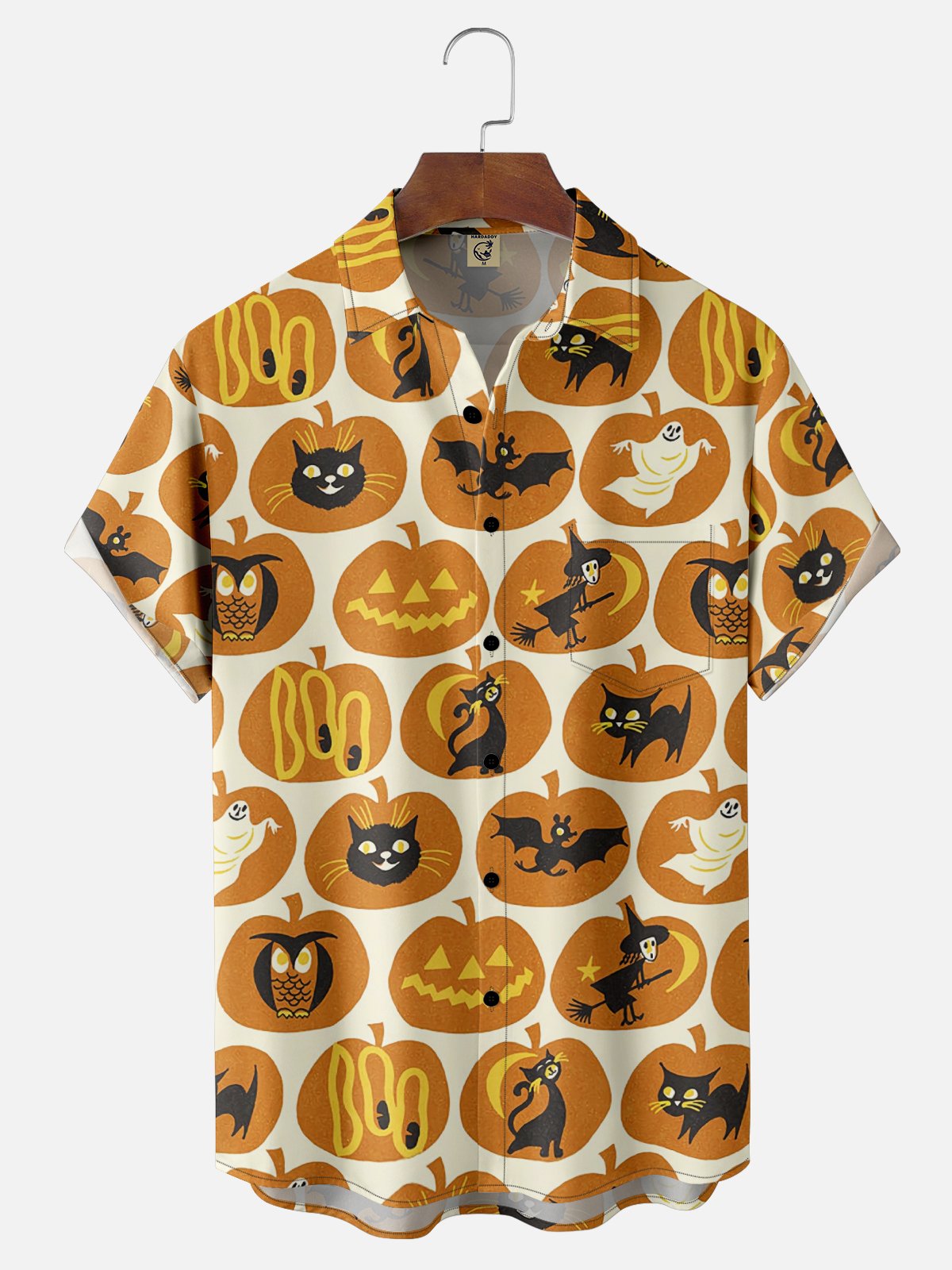 Moisture-Wicking Halloween Pumpkin Witch Cat Chest Pocket Hawaiian Shirt