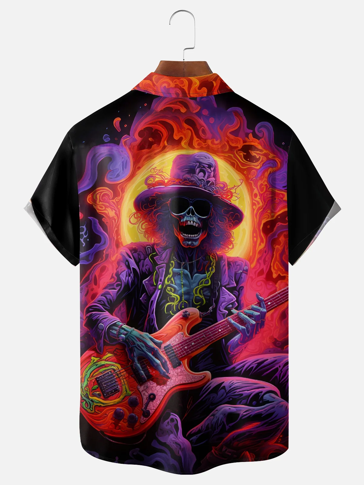 Moisture-Wicking Gradient Color Abstract Skull Playing Guitar Chest Pocket Hawaiian Shirt