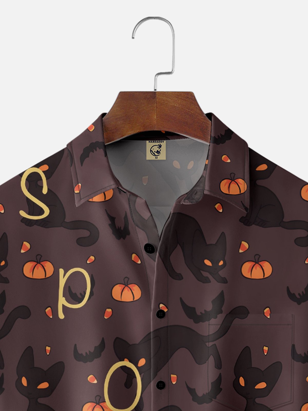 Moisture-wicking Halloween Pumpkin Cat Fun Chest Pocket Casual Shirt