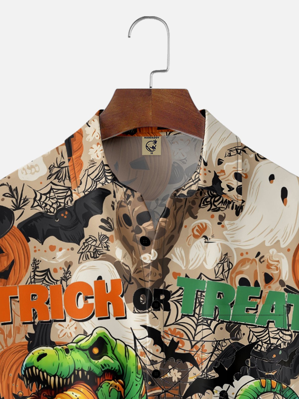 Moisture-Wicking Gradient Color Halloween Pumpkin Dinosaur Bat Spider Web Chest Pocket Hawaiian Shirt