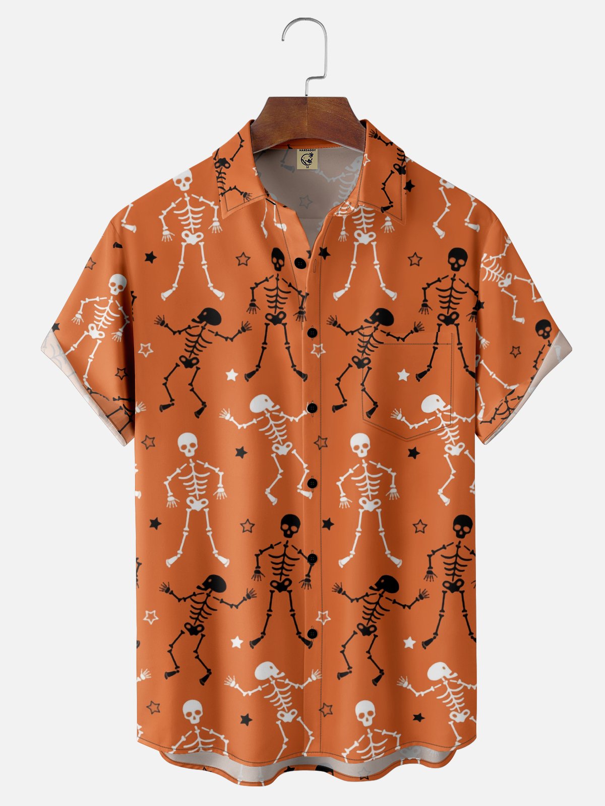 Moisture-Wicking Halloween Skeleton Chest Pocket Hawaiian Shirt
