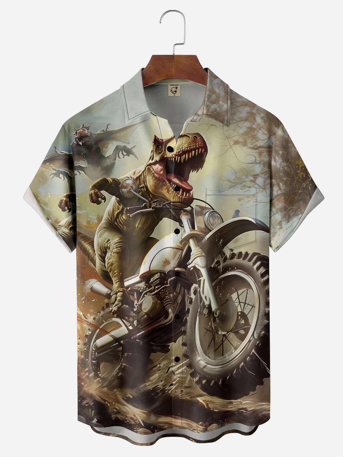 Moisture-Wicking Dinosaur Motorcycle Chest Pocket Hawaiian Shirt