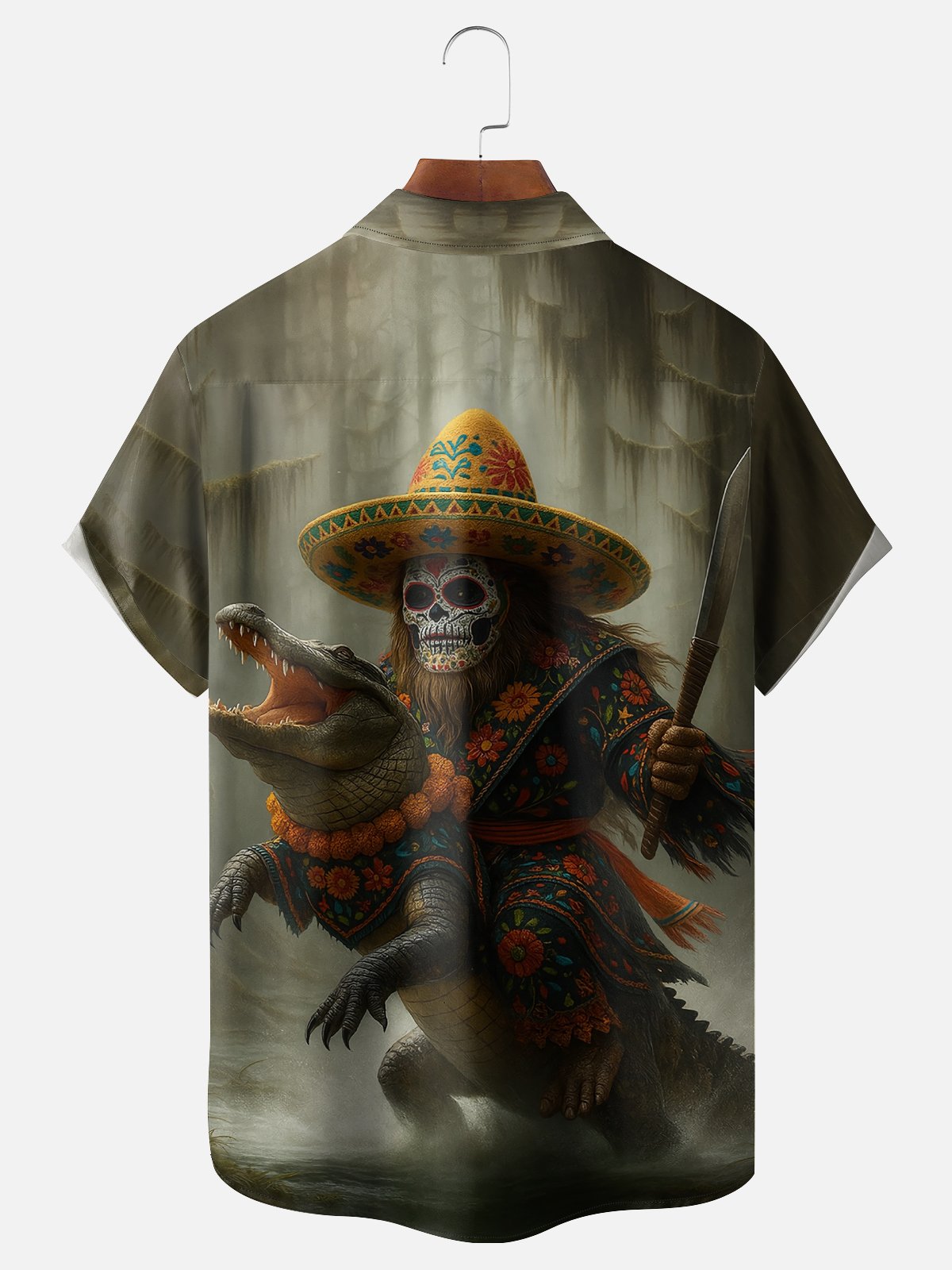 Moisture-wicking Day of the Dead Bigfoot vs. Alligator Fun Chest Pocket Hawaiian Shirt