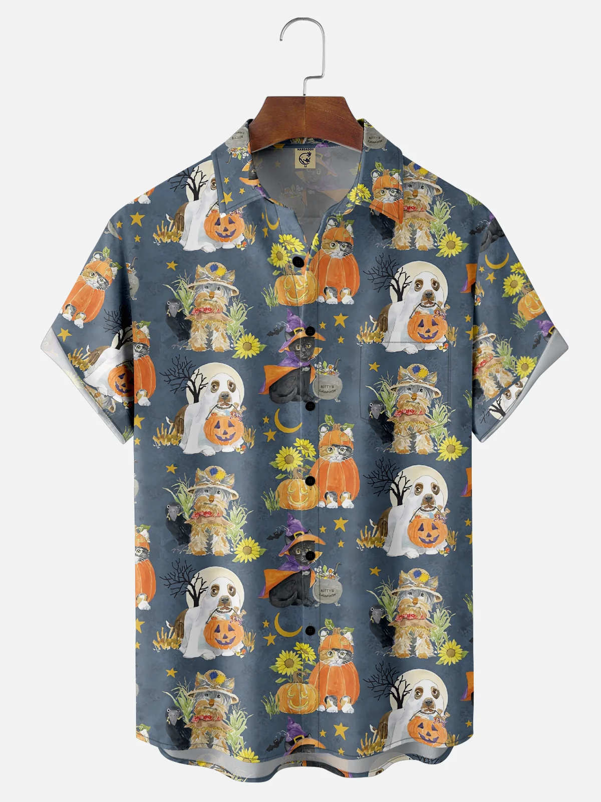Moisture-Wicking Halloween Cat and Dog Pumpkin Chest Pocket Hawaiian Shirt