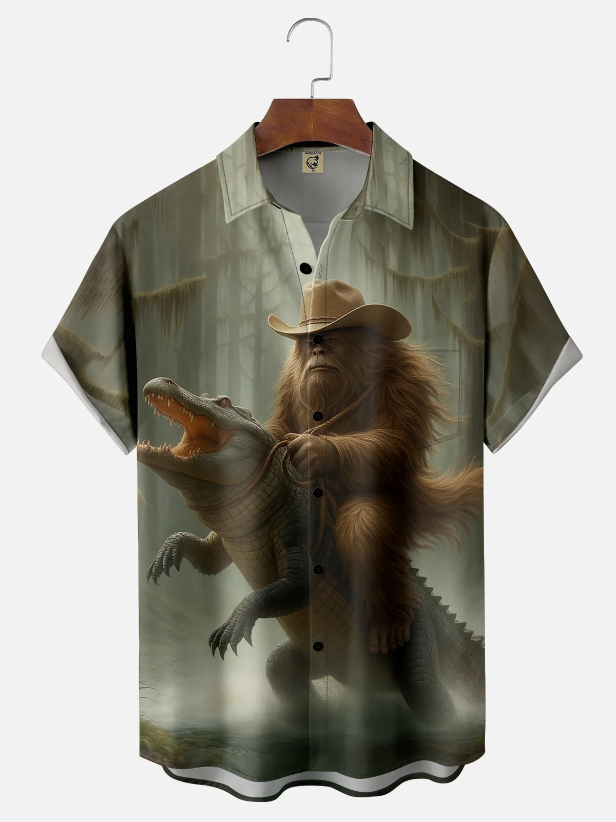 Moisture-wicking Funny Bigfoot Cowboy vs. Alligator Chest Pocket Hawaiian Shirt