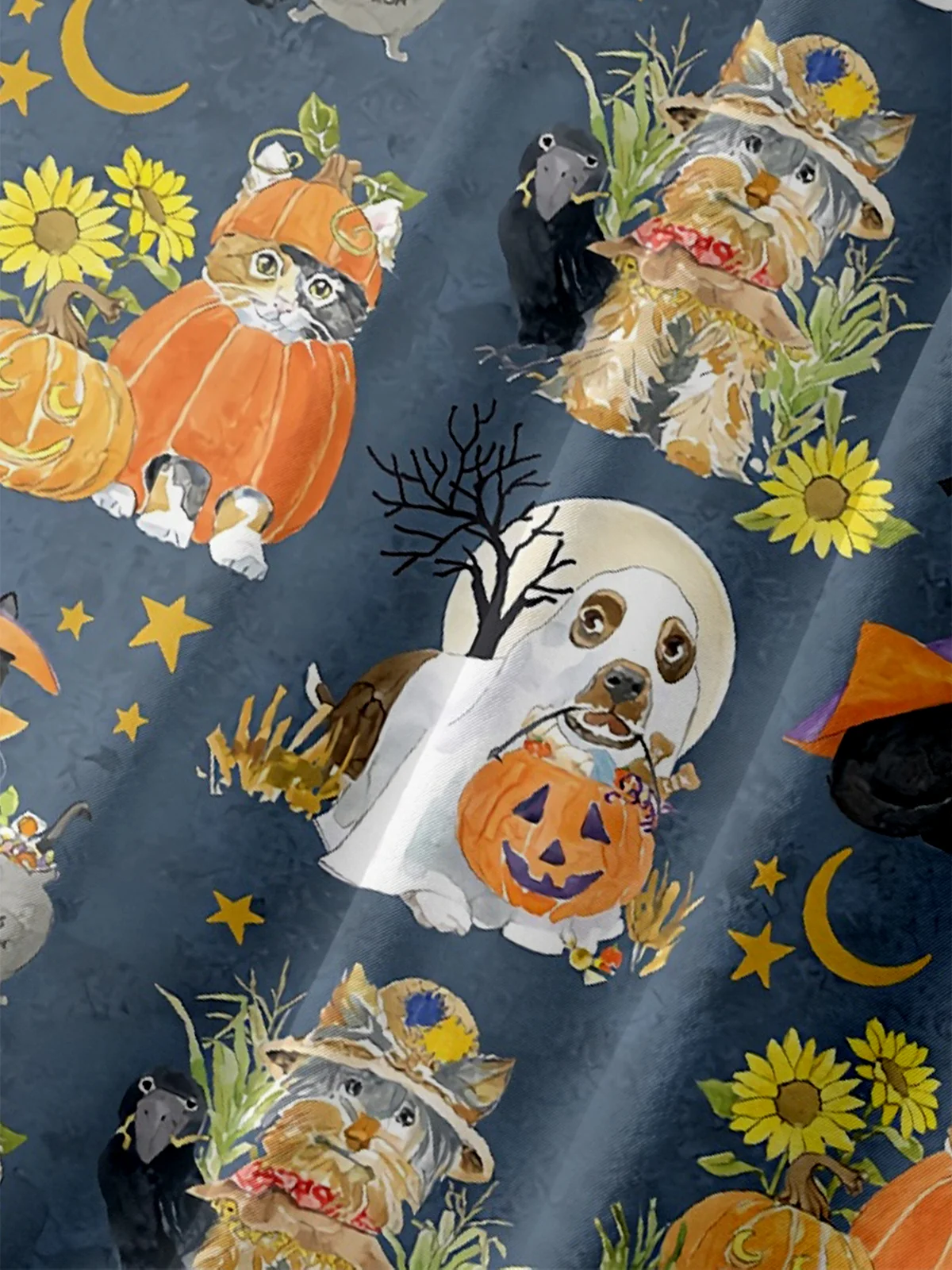 Moisture-Wicking Halloween Cat and Dog Pumpkin Chest Pocket Hawaiian Shirt