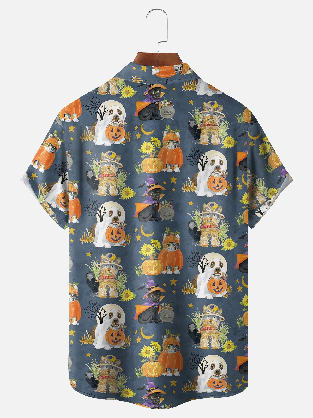 Moisture-Wicking Halloween Cat and Dog Pumpkin Chest Pocket Hawaiian Shirt