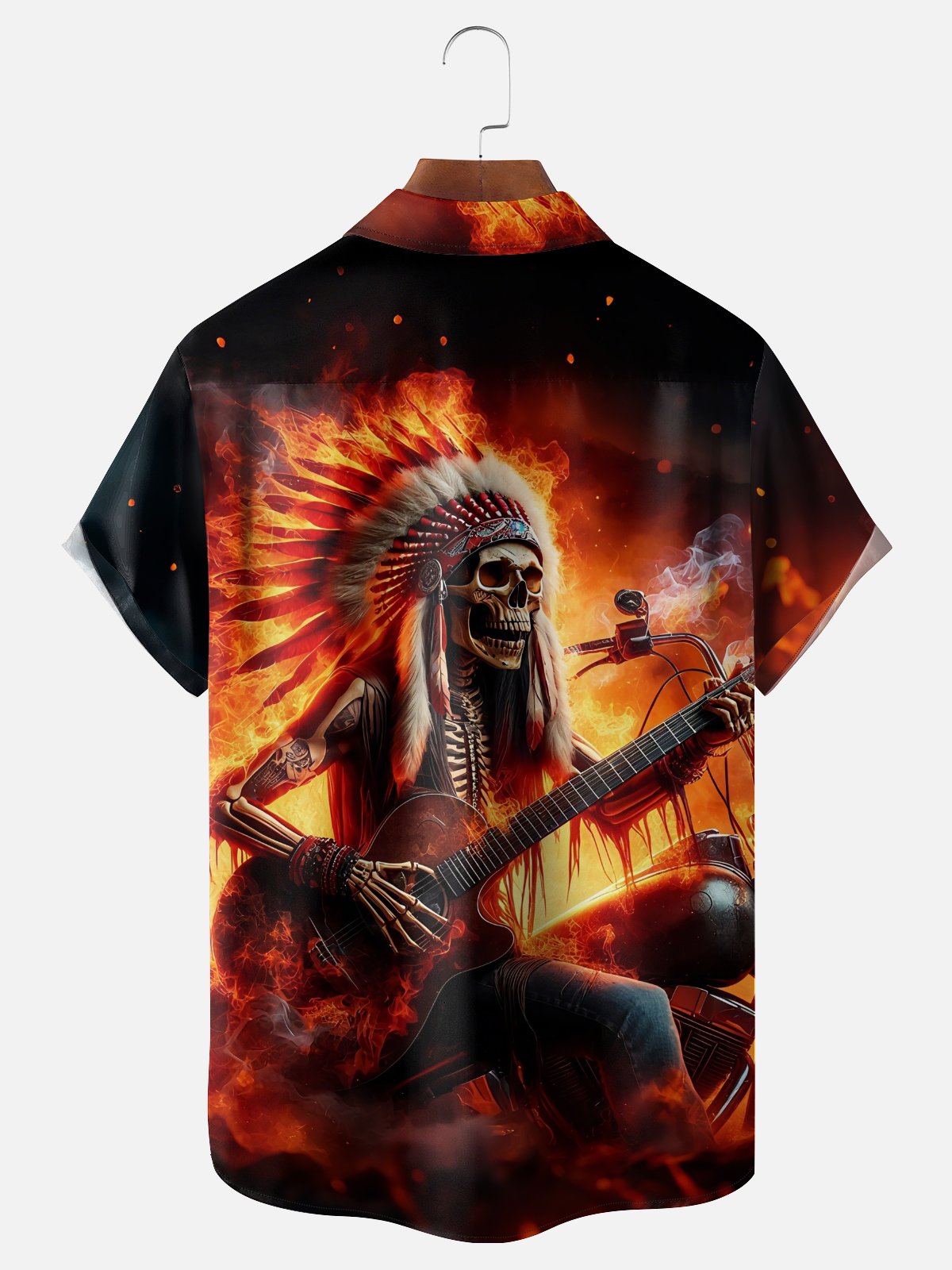 Moisture-Wicking Rock Skeleton Chief Guitar Gradient Flame Chest Pocket Hawaiian Shirt