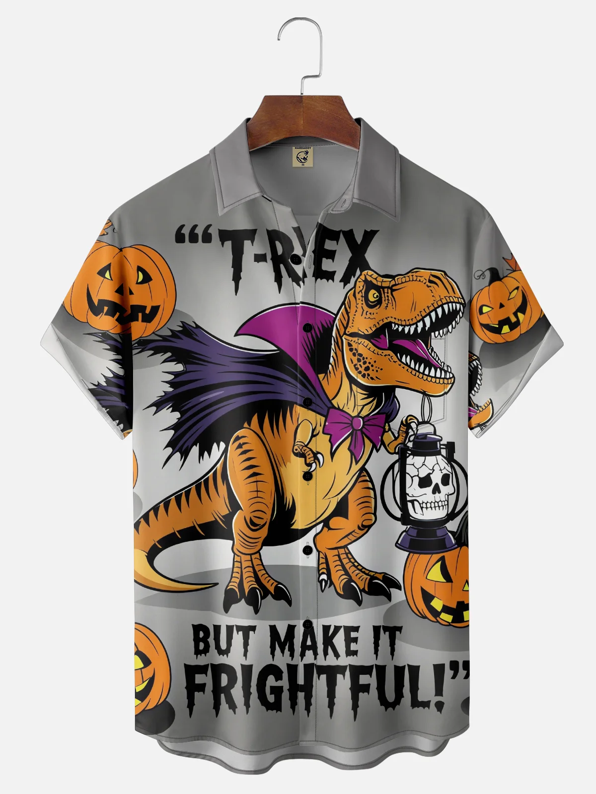 Moisture-Wicking Gradient Halloween Pumpkin Dinosaur Chest Pocket Hawaiian Shirt