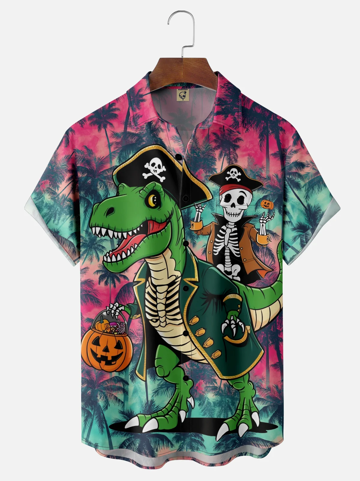 Moisture-Wicking Halloween Pirate Skeleton Dinosaur Gradient Coconut Tree Chest Pocket Hawaiian Shirt