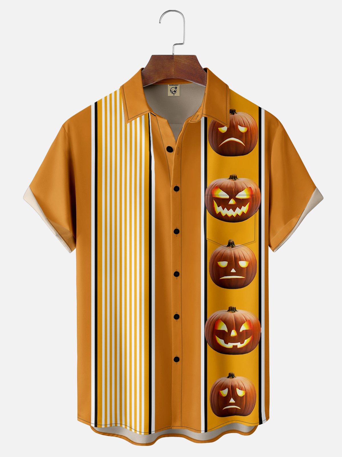 Moisture-Wicking Halloween Pumpkin Geometric Chest Pocket Bowling Shirt