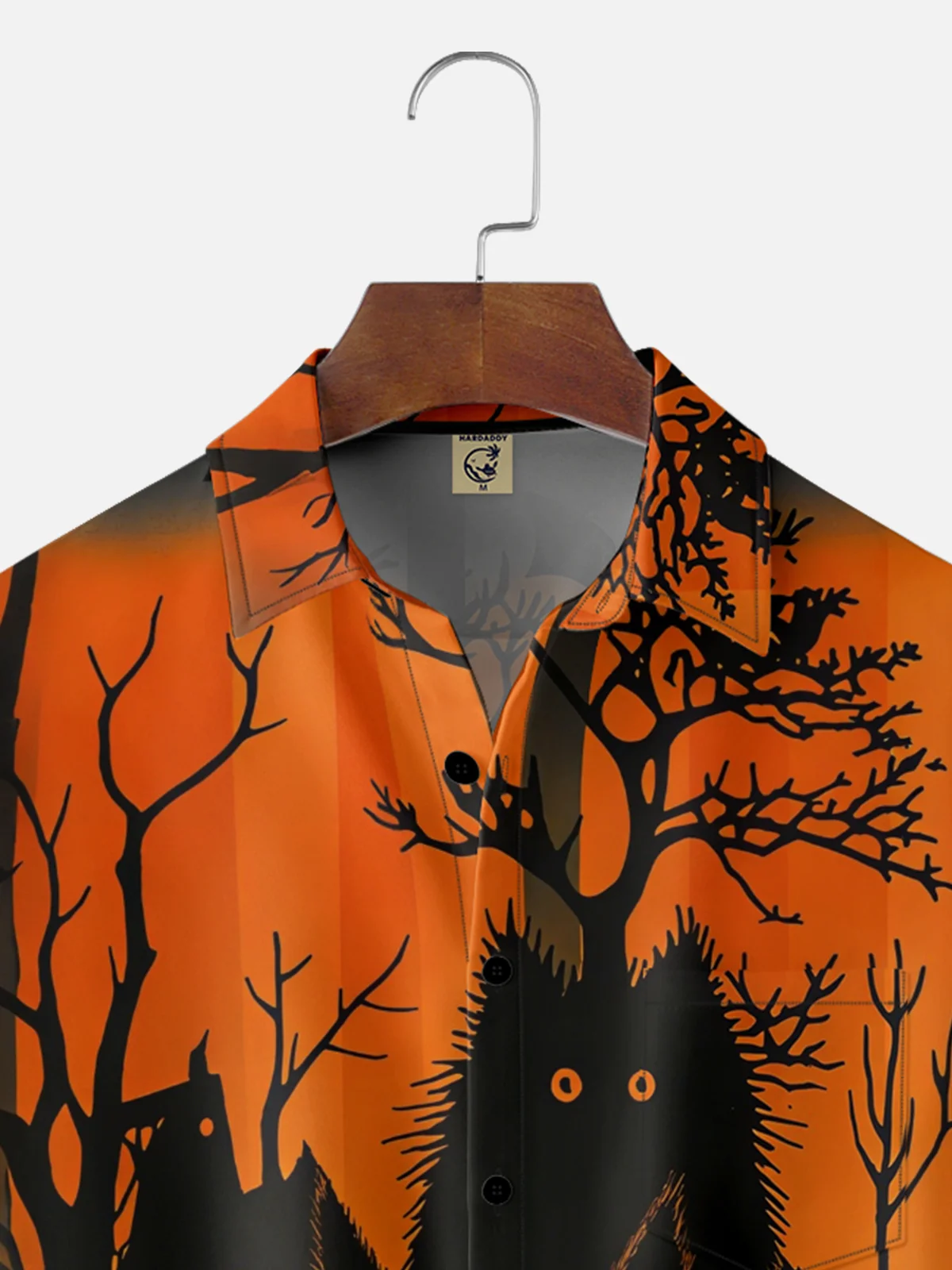 Moisture-Wicking Halloween Pumpkin Black Cat Chest Pocket Hawaiian Shirt