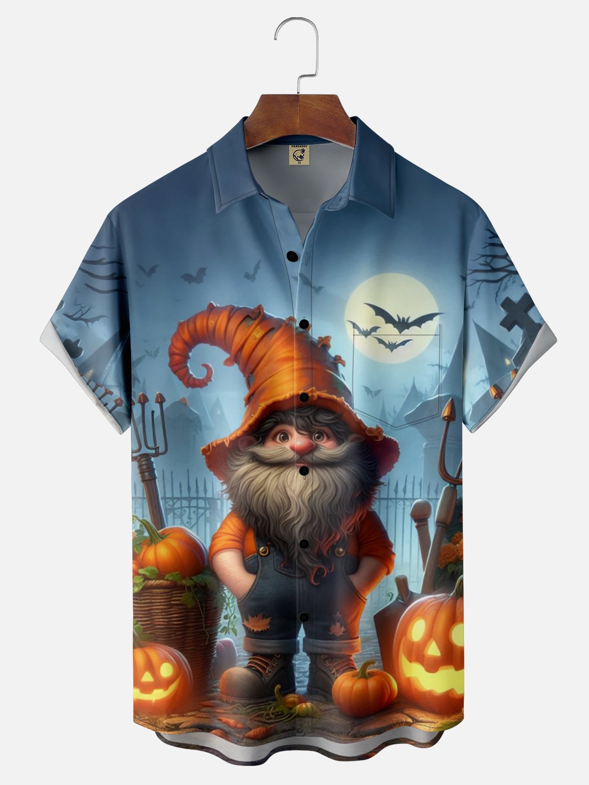 Moisture-Wicking Halloween Pumpkin Gnome Chest Pocket Hawaiian Shirt