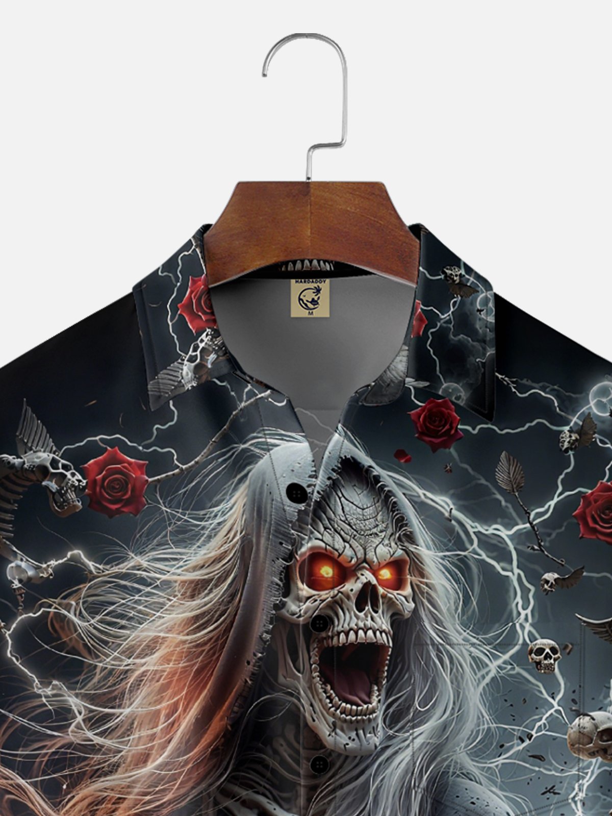 Moisture-Wicking Gradient Color Abstract Skull Playing Guitar Rose Chest Pocket Hawaiian Shirt