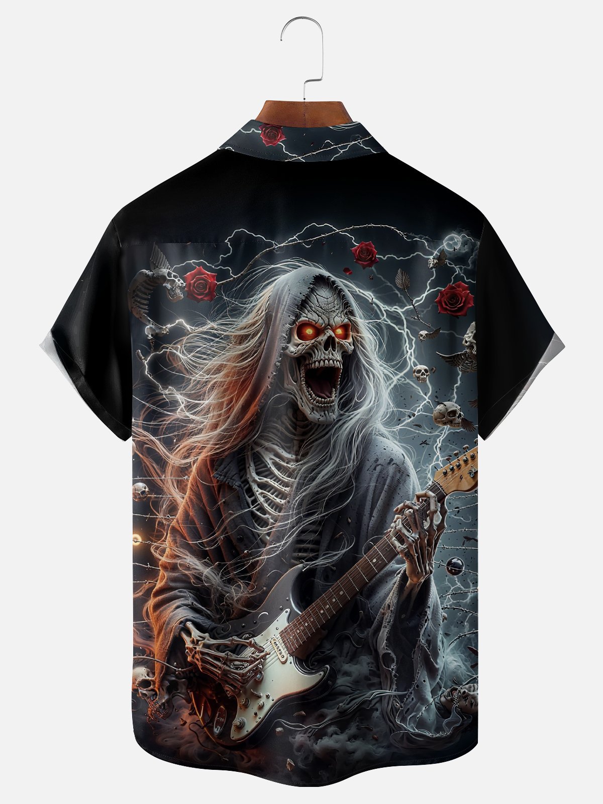 Moisture-Wicking Gradient Color Abstract Skull Playing Guitar Rose Chest Pocket Hawaiian Shirt