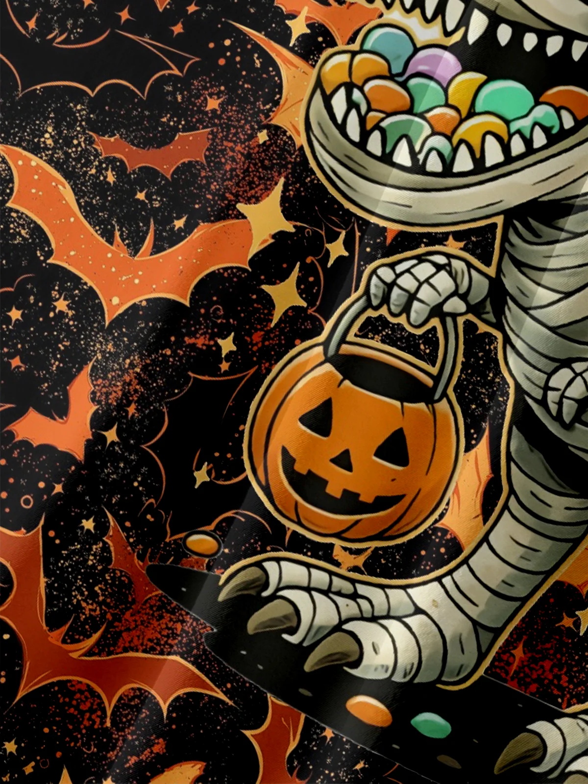 Moisture-Wicking Gradient Color Halloween Pumpkin Skeleton Dinosaur Bat Chest Pocket Hawaiian Shirt