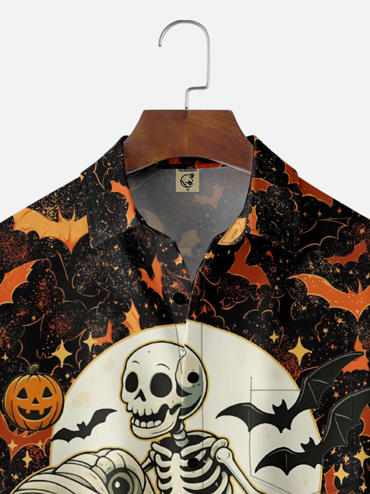 Moisture-Wicking Gradient Color Halloween Pumpkin Skeleton Dinosaur Bat Chest Pocket Hawaiian Shirt