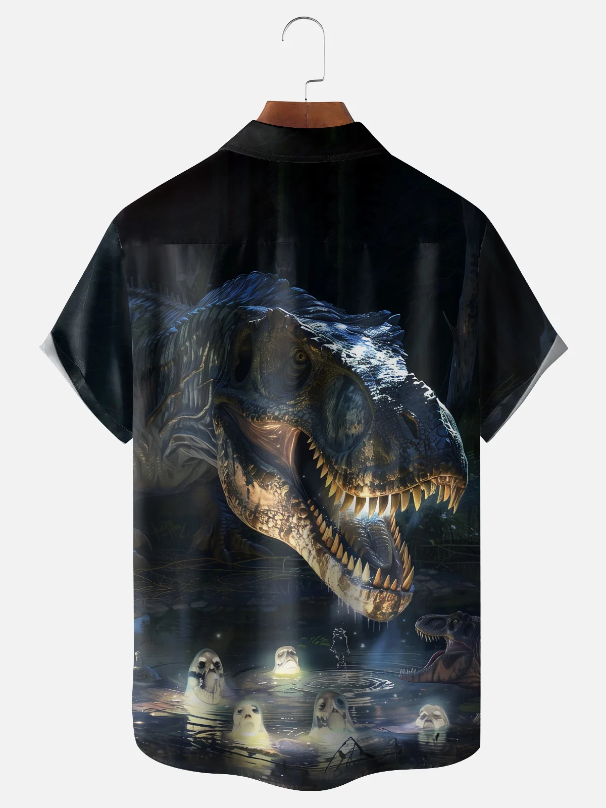 Moisture-Wicking Halloween Dinosaur Ghost Chest Pocket Hawaiian Shirt