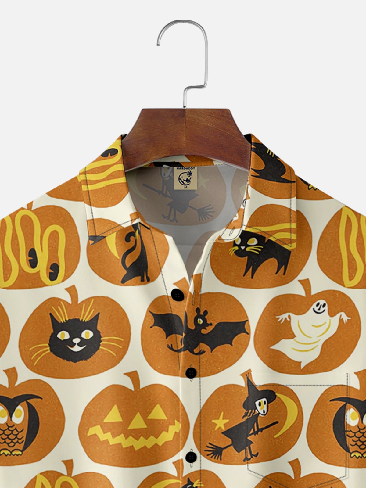 Moisture-Wicking Halloween Pumpkin Witch Cat Chest Pocket Hawaiian Shirt